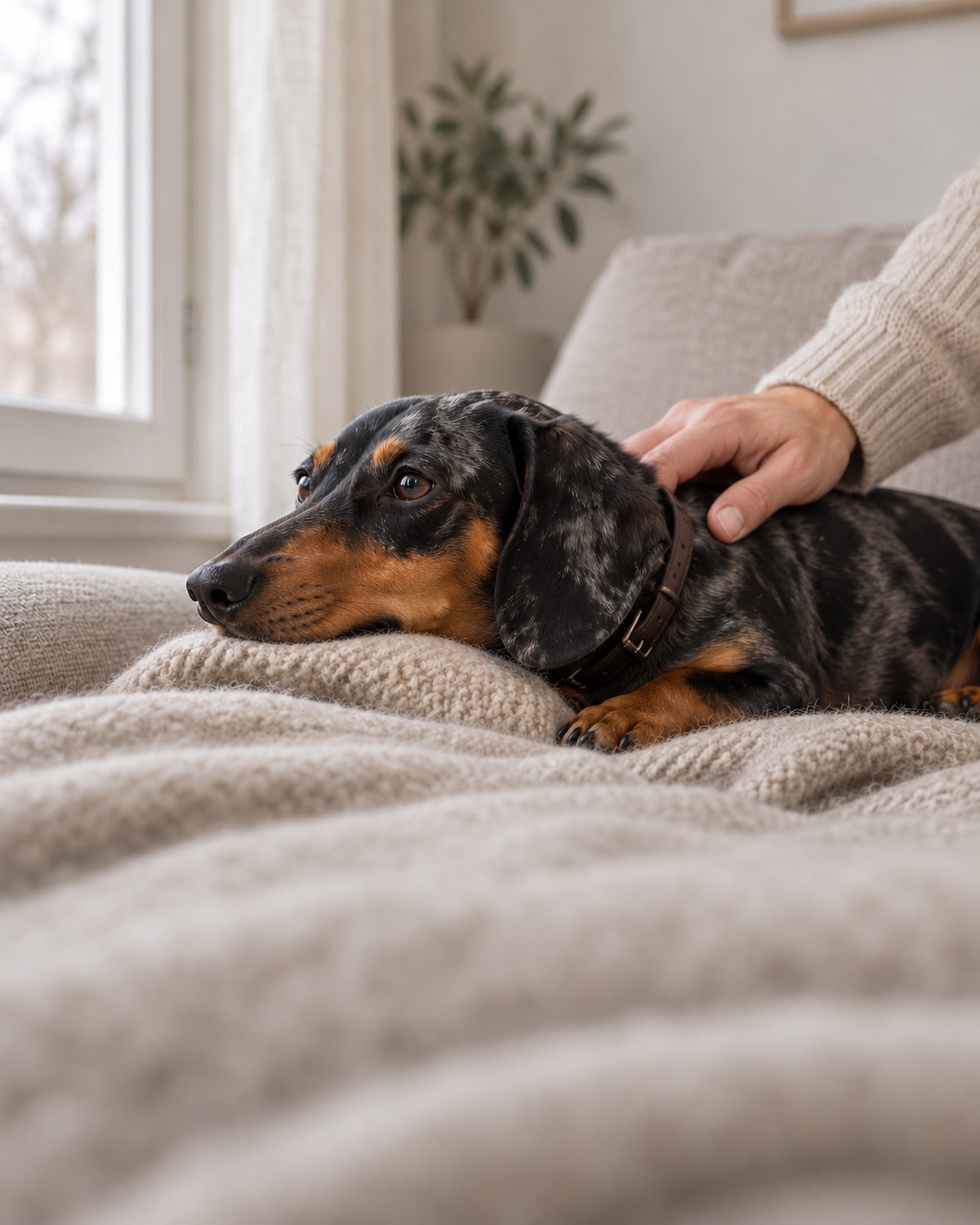 Louis, ein Dackel, liegt auf dem Sofa, eine Hand ruht auf seinem Rücken.